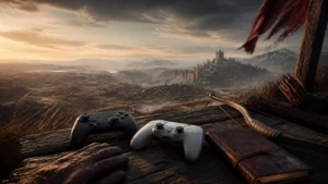 Original illustration of unbranded controllers and travel gear overlooking an open-world valley