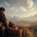 Original illustration of a camp supply chest and reward token for a Crimson Desert drops guide