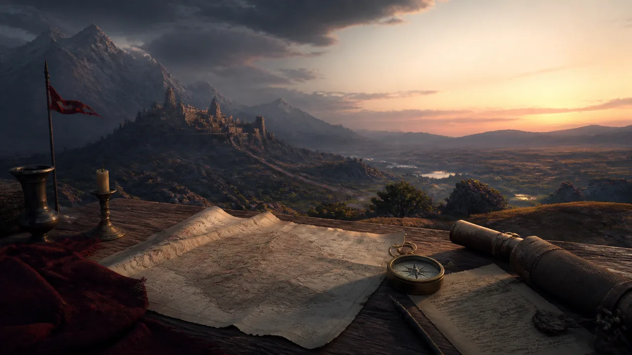 Original illustration of a campaign map and distant mountain fortress for a Crimson Desert roadmap article