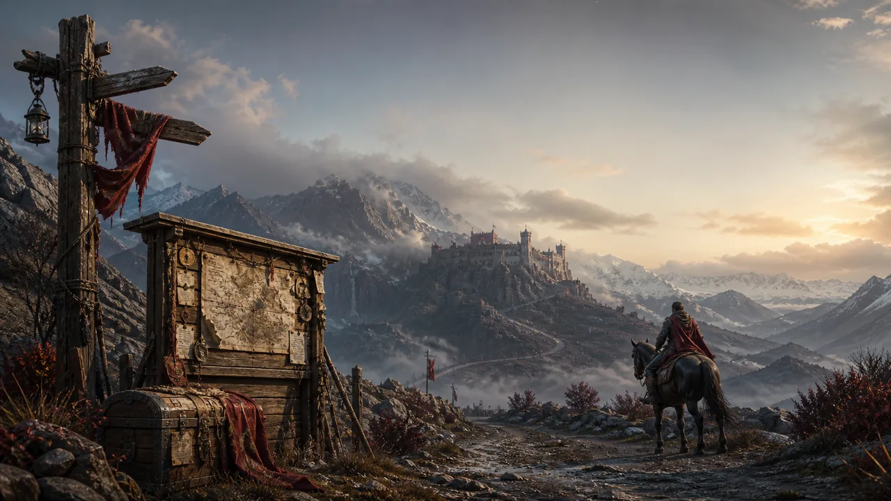 Original illustration of a frontier notice board and mountain road for Crimson Desert Patch 1.17 news