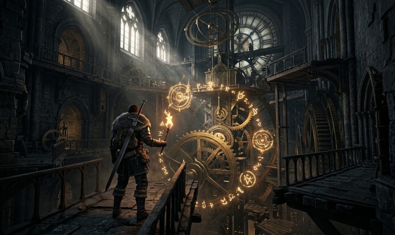 A medieval mercenary holding a torch in Delesyia Castle clocktower with glowing celestial gears and astrolabe runes