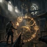 A medieval mercenary holding a torch in Delesyia Castle clocktower with glowing celestial gears and astrolabe runes