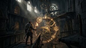 A medieval mercenary holding a torch in Delesyia Castle clocktower with glowing celestial gears and astrolabe runes