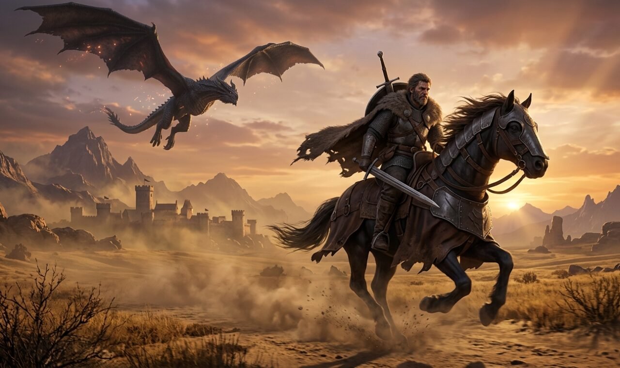 A medieval mercenary warrior riding an armored stallion across Pywel plains with a black dragon soaring above