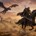 A medieval mercenary warrior riding an armored stallion across Pywel plains with a black dragon soaring above