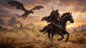 A medieval mercenary warrior riding an armored stallion across Pywel plains with a black dragon soaring above