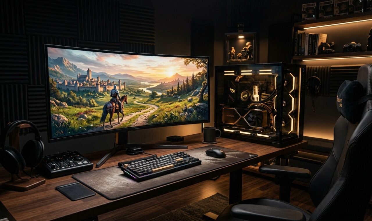 High end enthusiast PC gaming battle station running Crimson Desert on an ultrawide monitor with amber lighting