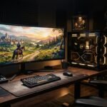 High end enthusiast PC gaming battle station running Crimson Desert on an ultrawide monitor with amber lighting