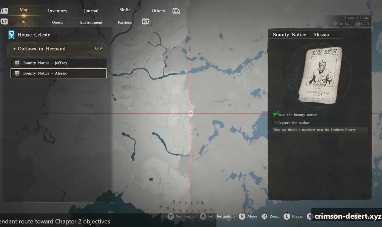Crimson Desert in-game screenshot illustrating Map Route (Step 1)