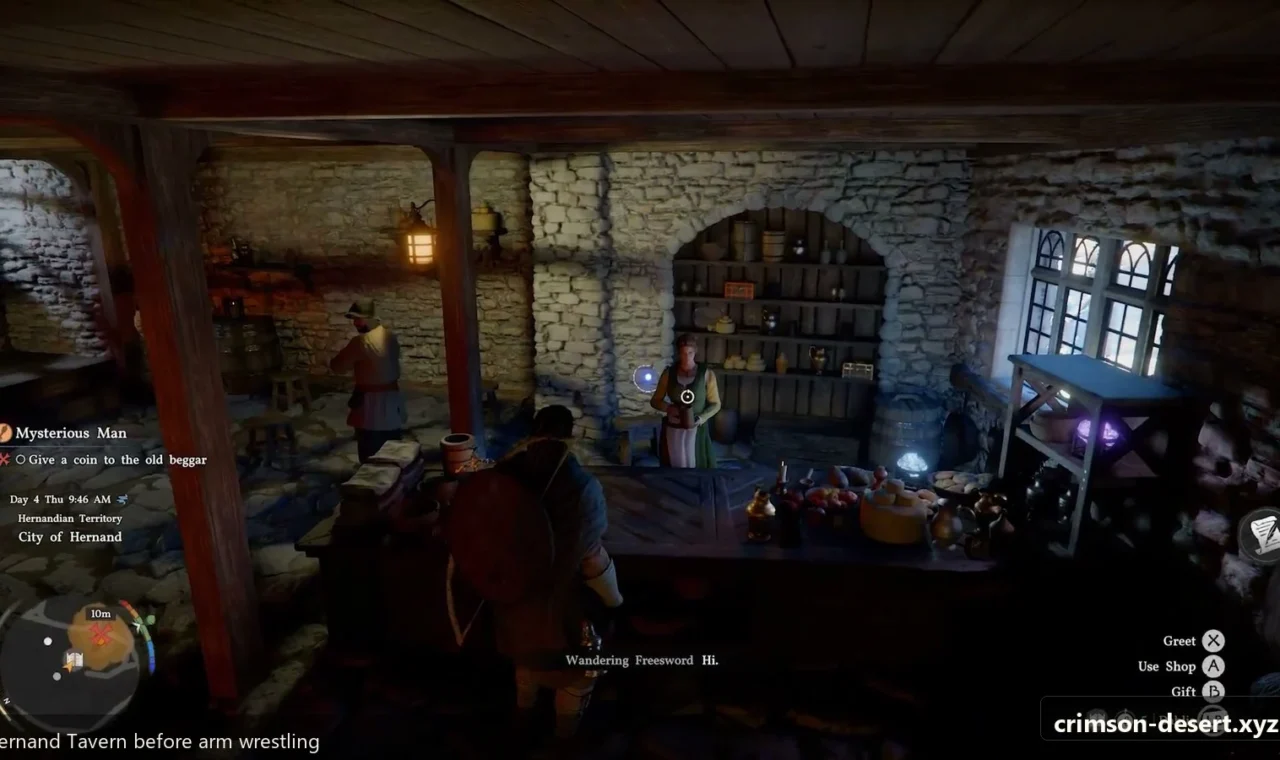 Crimson Desert in-game screenshot illustrating Tavern Entry (Step 1)