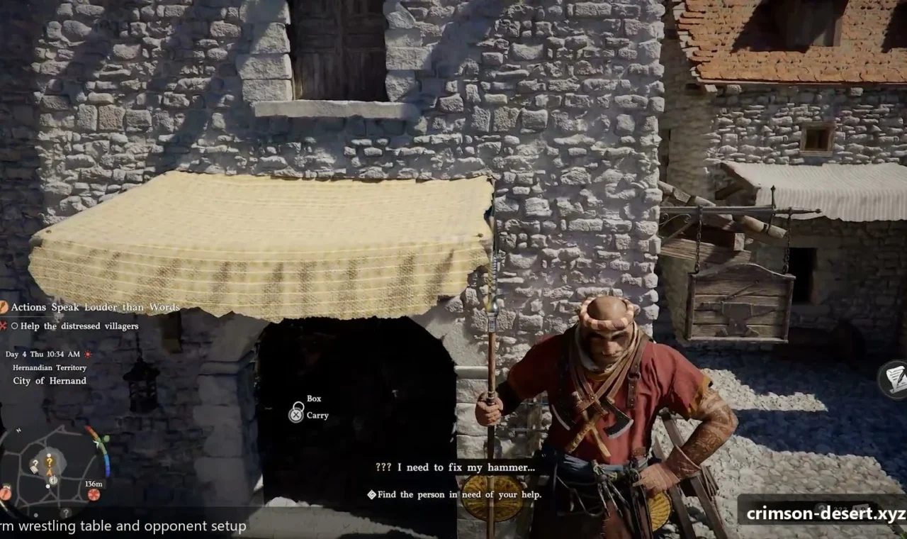 Crimson Desert in-game screenshot illustrating Arm Wrestling Table (Step 3)