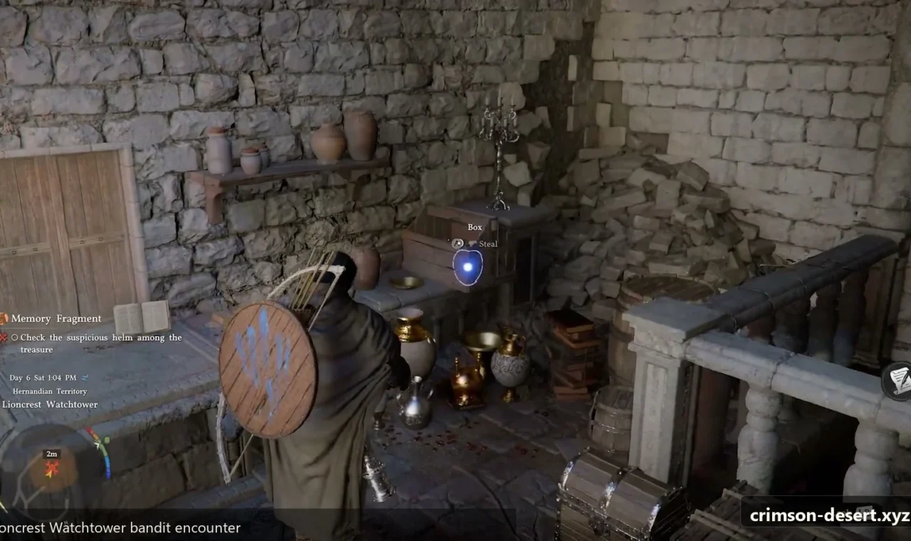 Crimson Desert in-game screenshot illustrating Watchtower Bandits (Step 1)