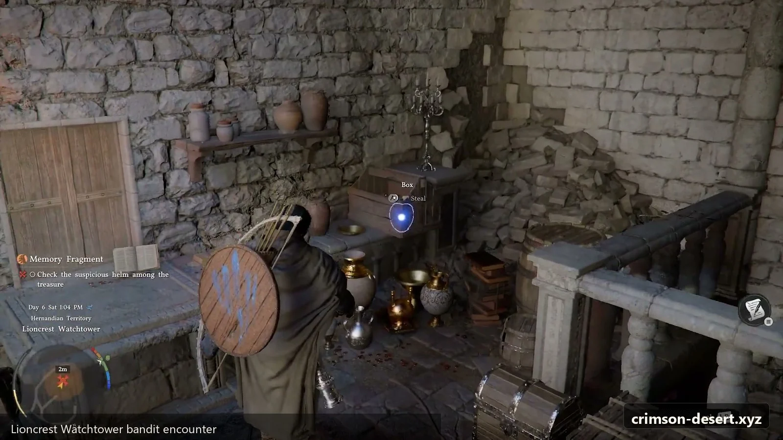Crimson Desert in-game screenshot illustrating Watchtower Bandits (Step 1)