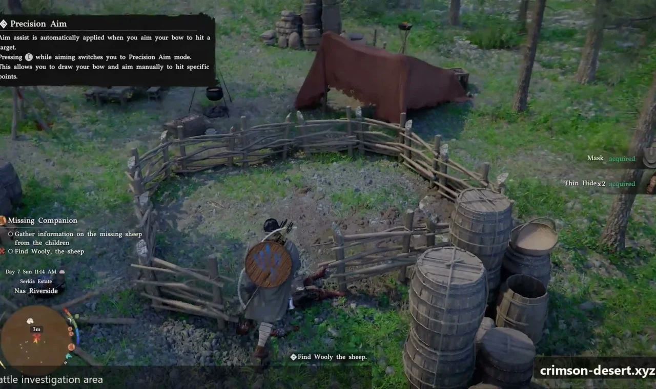 Crimson Desert in-game screenshot illustrating Cattle Investigation (Step 1)