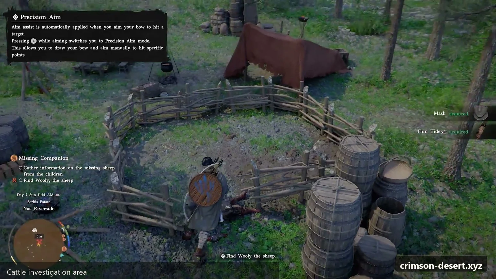 Crimson Desert in-game screenshot illustrating Cattle Investigation (Step 1)