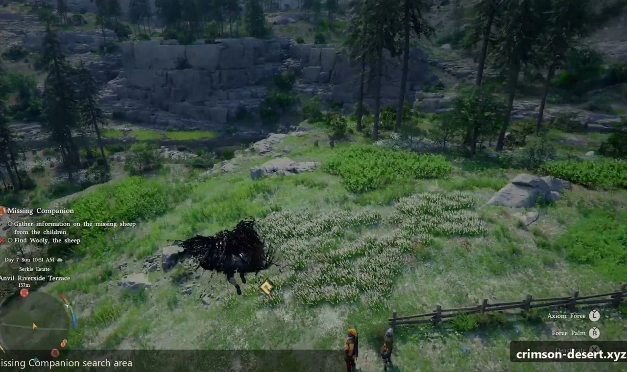 Crimson Desert in-game screenshot illustrating Sheep Search Area (Step 1)