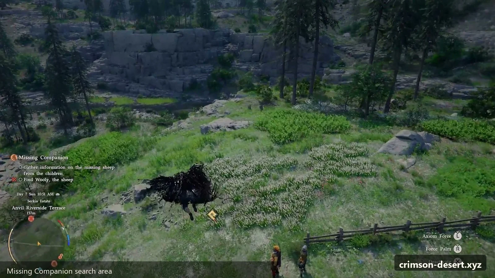 Crimson Desert in-game screenshot illustrating Sheep Search Area (Step 1)