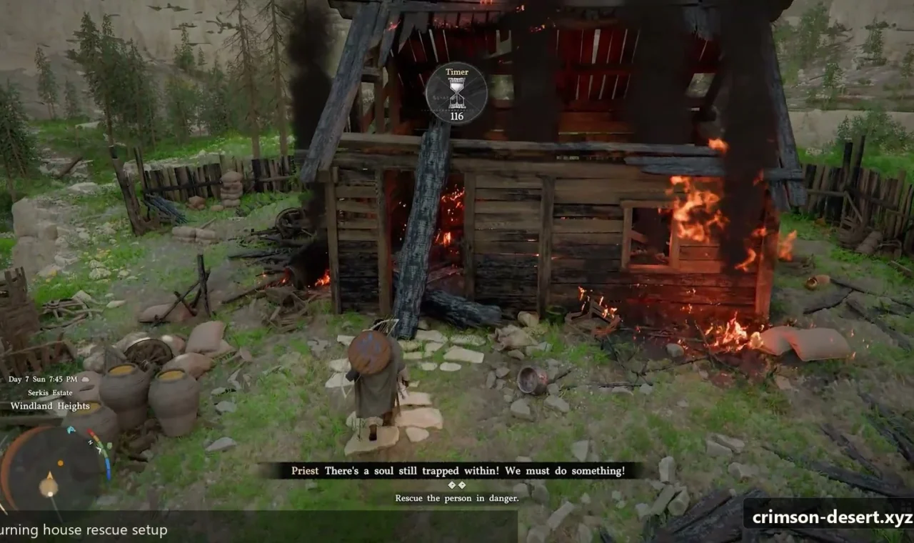 Crimson Desert in-game screenshot illustrating Burning House (Step 1)