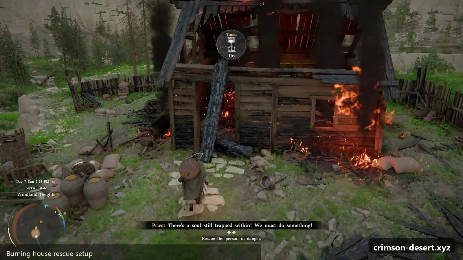 Crimson Desert in-game screenshot illustrating Burning House (Step 1)