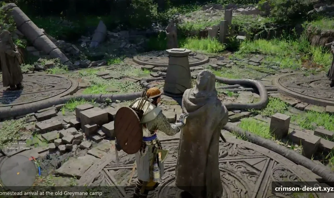 Crimson Desert in-game screenshot illustrating Homestead Arrival (Step 1)