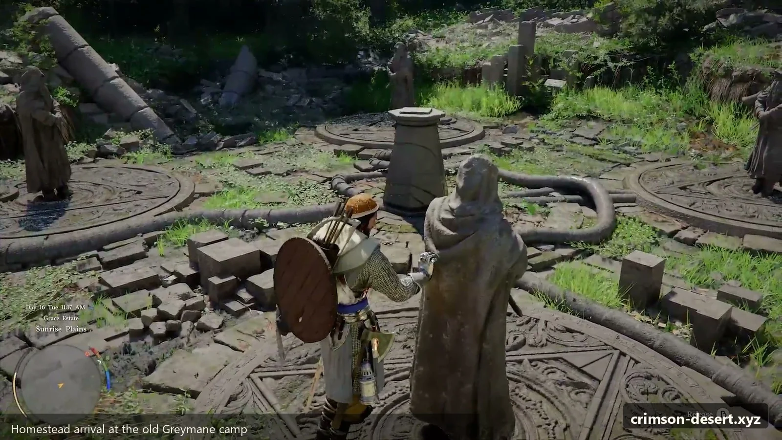 Crimson Desert in-game screenshot illustrating Homestead Arrival (Step 1)