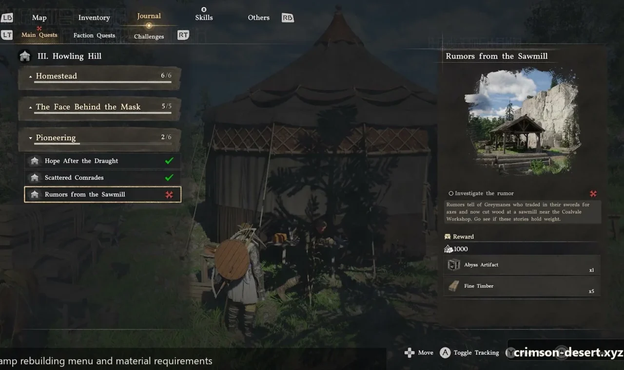 Crimson Desert in-game screenshot illustrating Rebuild Menu (Step 3)