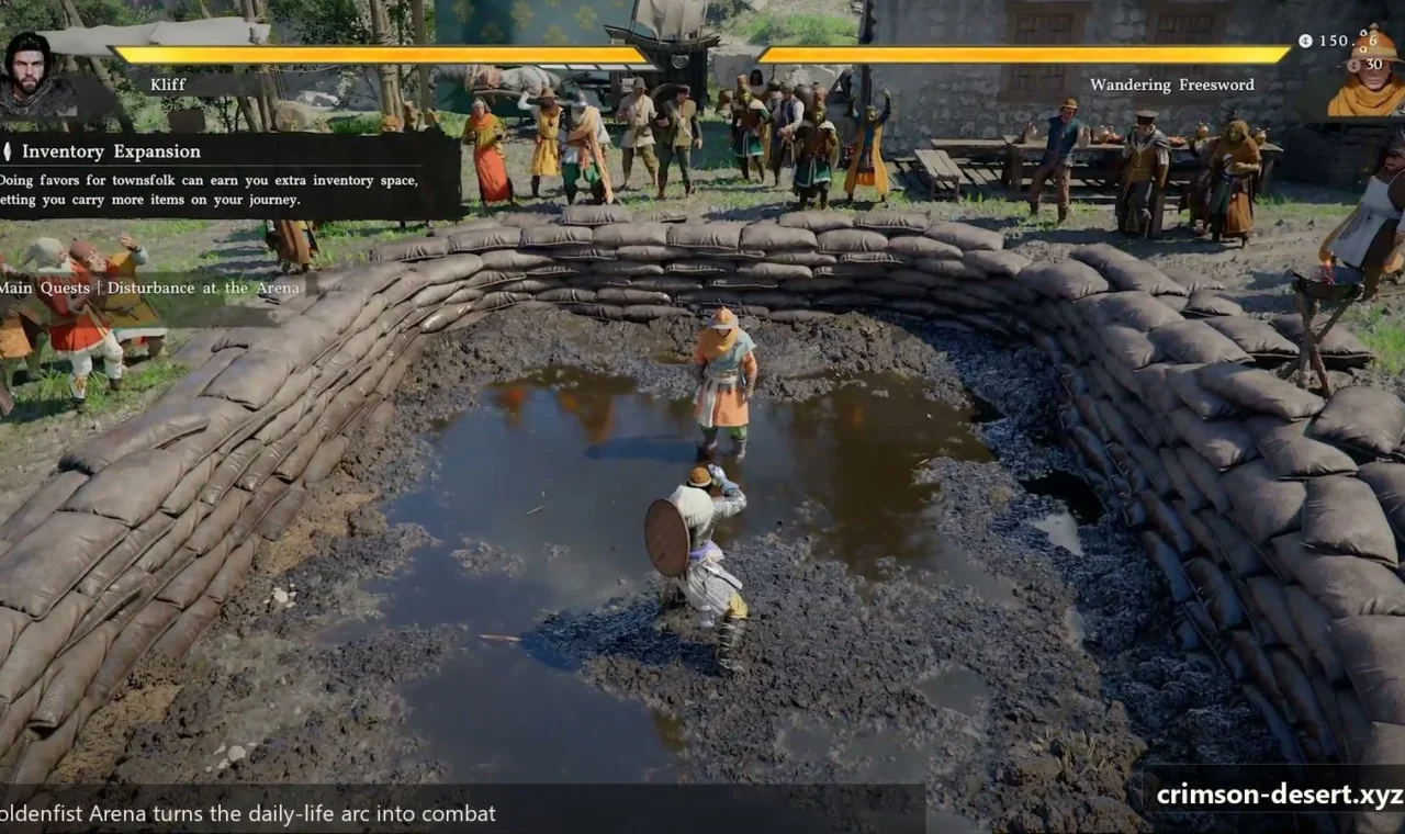 Crimson Desert in-game screenshot illustrating Goldenfist Arena (Step 2)