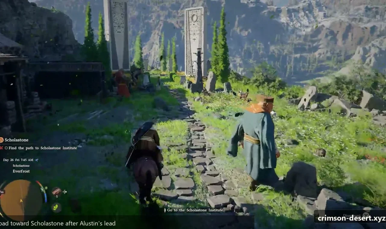 Crimson Desert in-game screenshot illustrating Road To Scholastone (Step 1)
