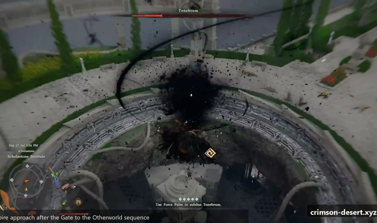 Crimson Desert in-game screenshot illustrating Spire Approach (Step 4)