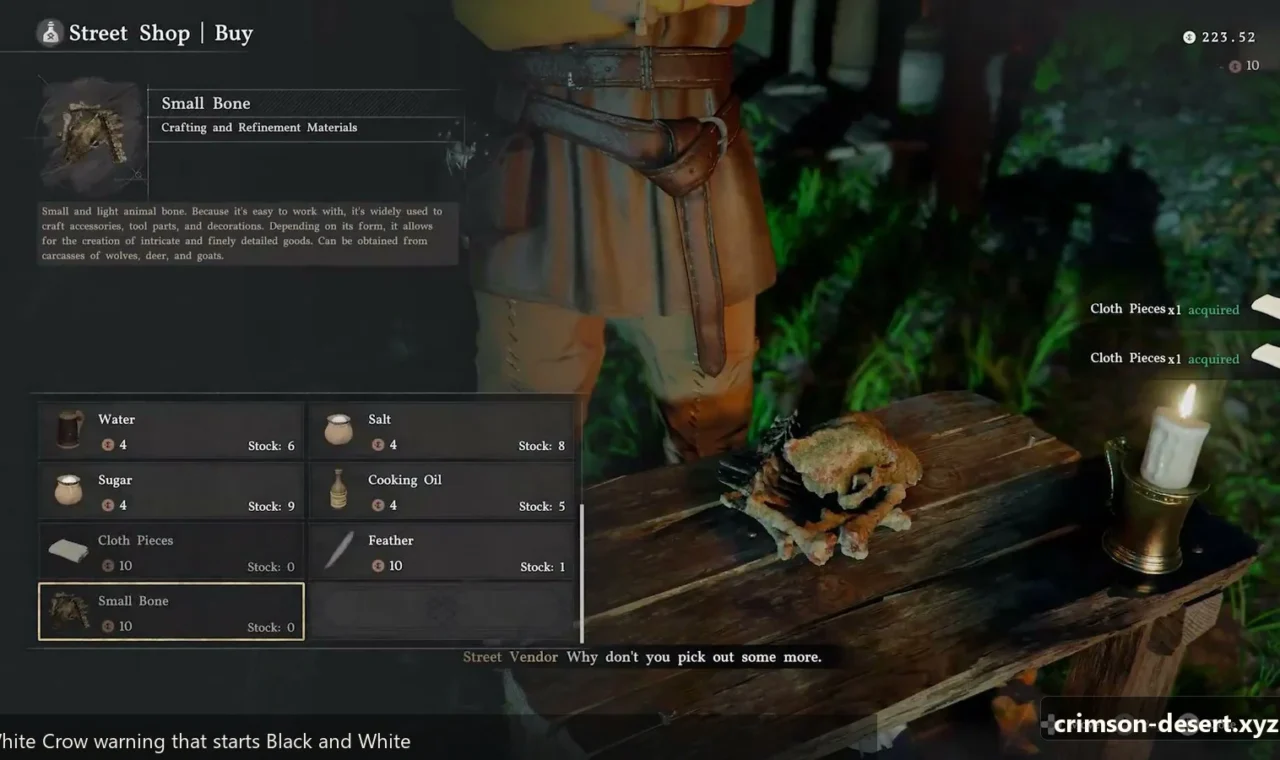 Crimson Desert in-game screenshot illustrating White Crow Warning (Step 1)