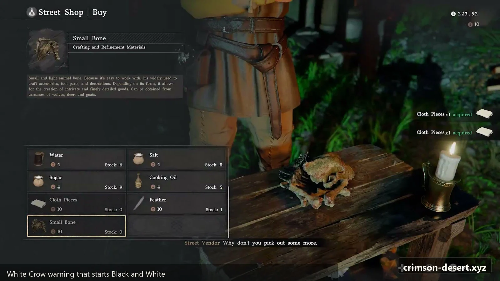Crimson Desert in-game screenshot illustrating White Crow Warning (Step 1)