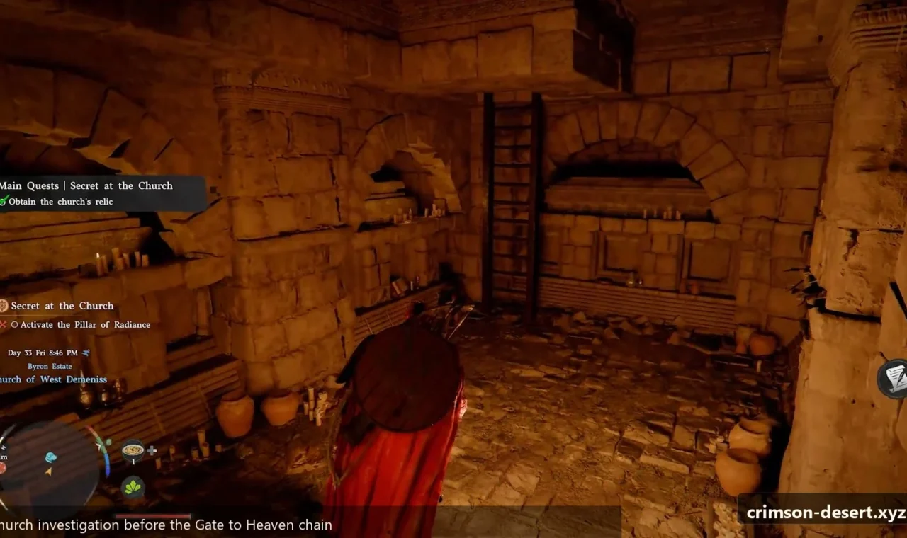Crimson Desert in-game screenshot illustrating Church Investigation (Step 5)