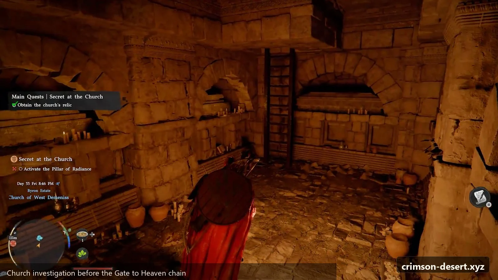 Crimson Desert in-game screenshot illustrating Church Investigation (Step 5)