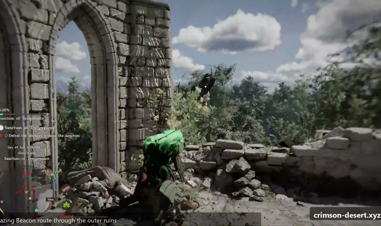 Crimson Desert in-game screenshot illustrating Blazing Beacon Ruins (Step 2)