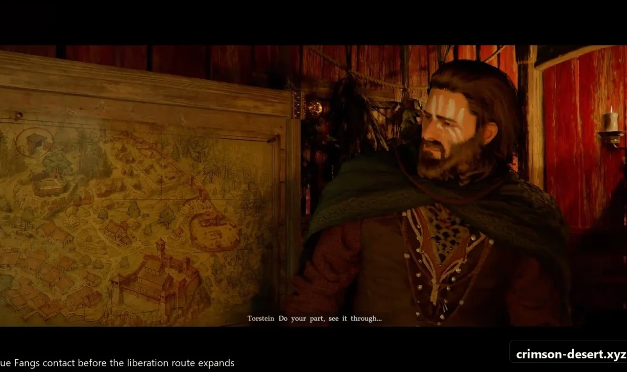 Crimson Desert in-game screenshot illustrating Blue Fangs Contact (Step 3)