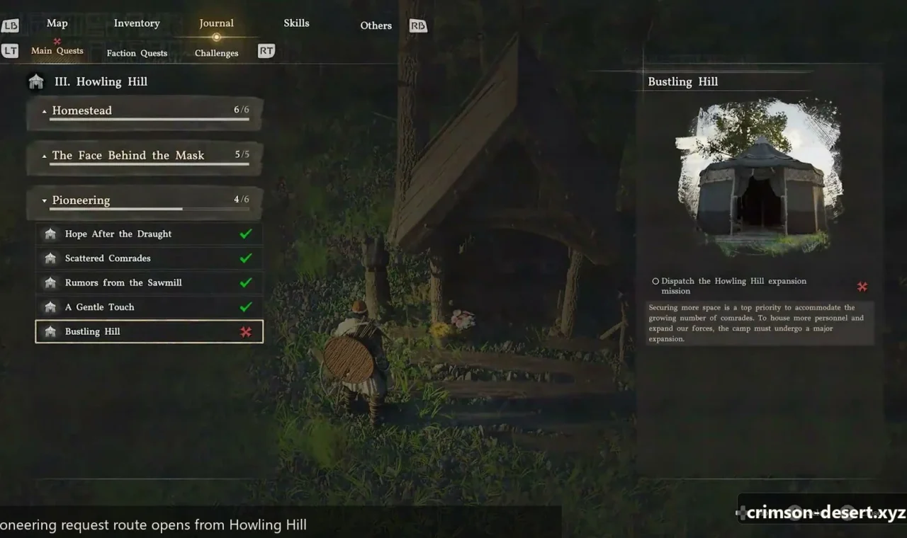 Crimson Desert in-game screenshot illustrating Pioneering Request (Step 1)