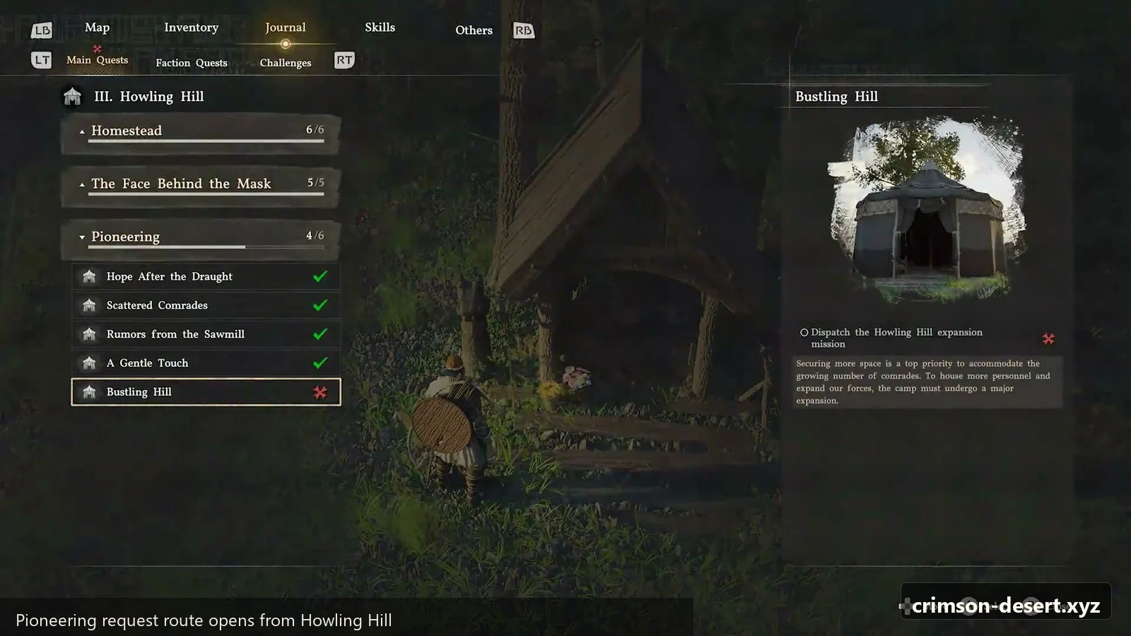 Crimson Desert in-game screenshot illustrating Pioneering Request (Step 1)