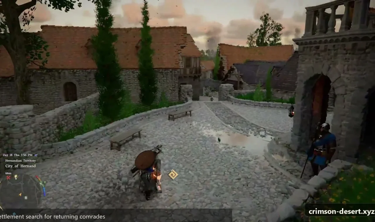 Crimson Desert in-game screenshot illustrating Settlement Search (Step 3)