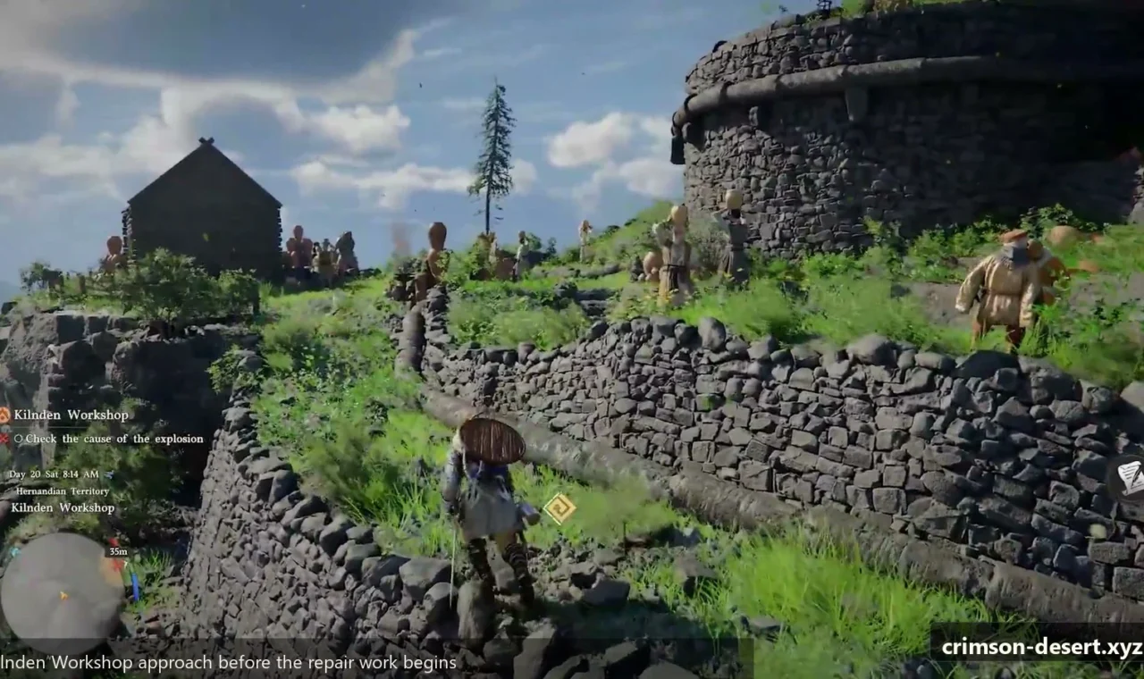Crimson Desert in-game screenshot illustrating Workshop Approach (Step 1)