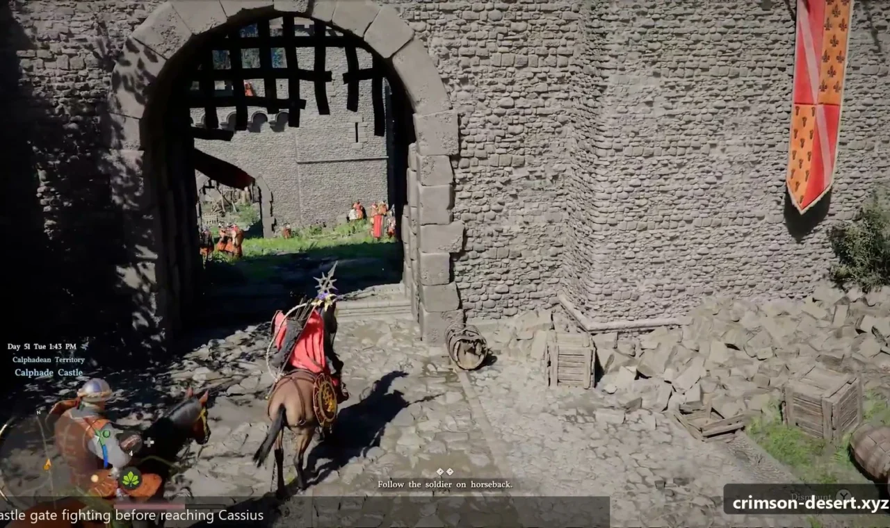Crimson Desert in-game screenshot illustrating Castle Gate Fight (Step 3)