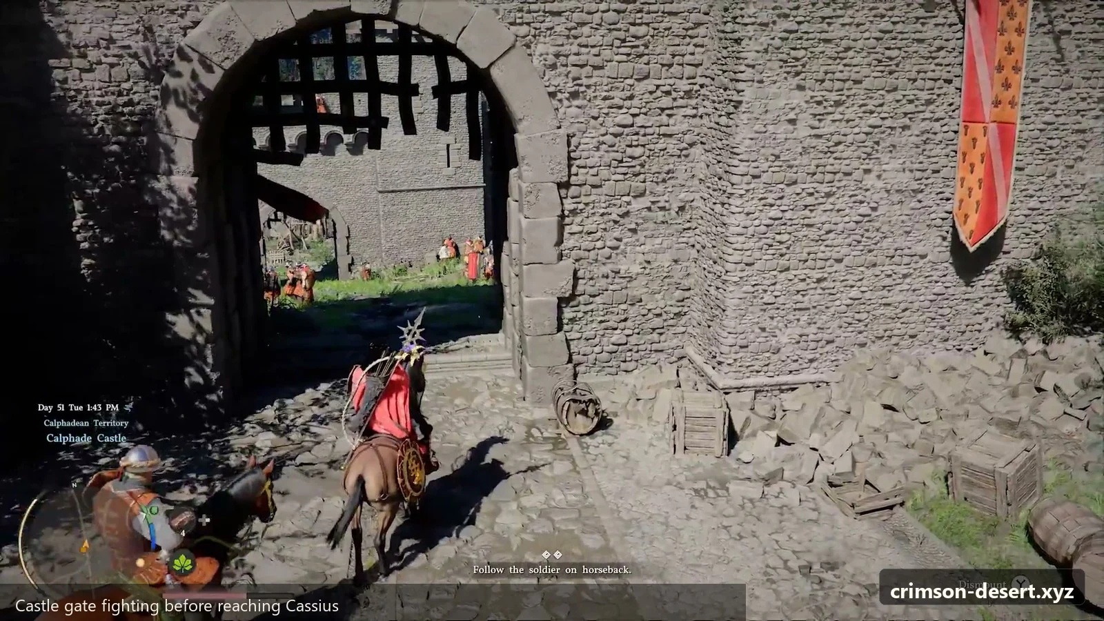 Crimson Desert in-game screenshot illustrating Castle Gate Fight (Step 3)