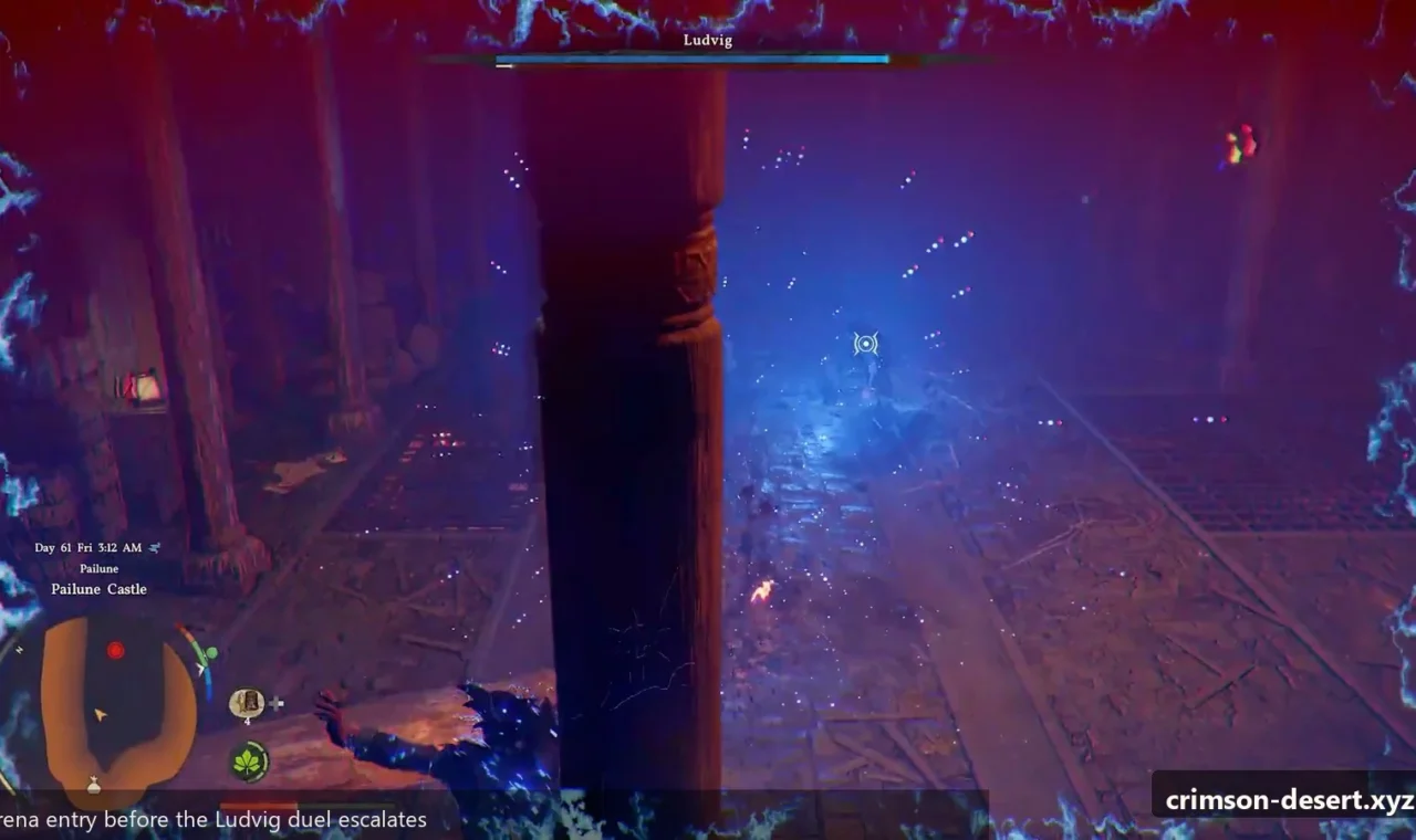 Crimson Desert in-game screenshot illustrating Ludvig Arena Entry (Step 1)